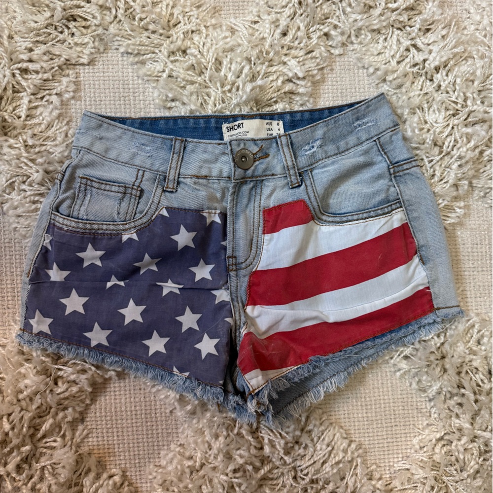 Cotton On Light Blue Denim Shorts with Red, White & Blue Flag